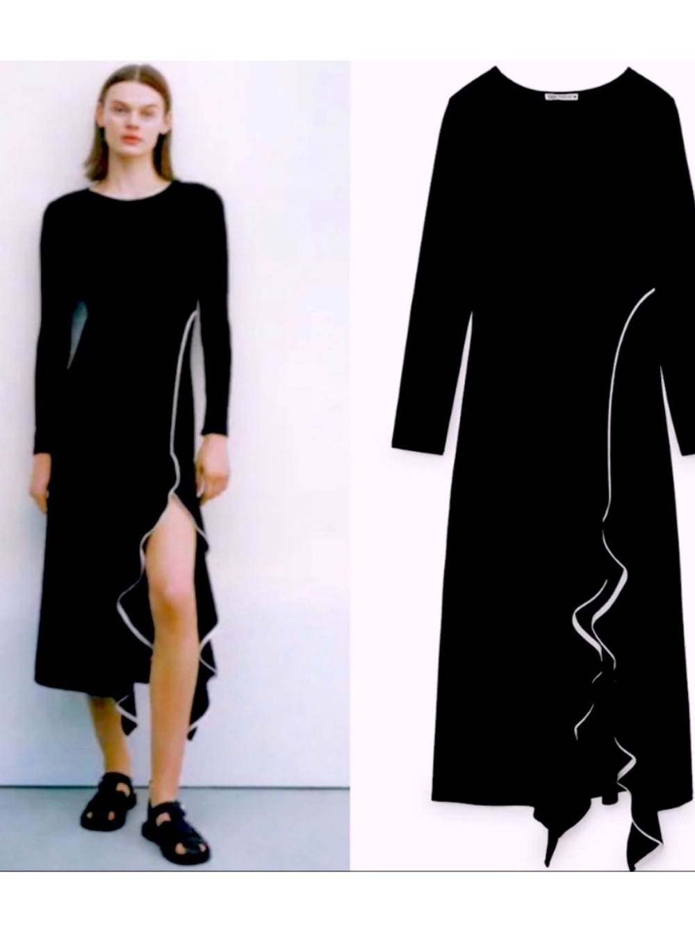 New Zara Black Midi Dress with White Piping Detail medium